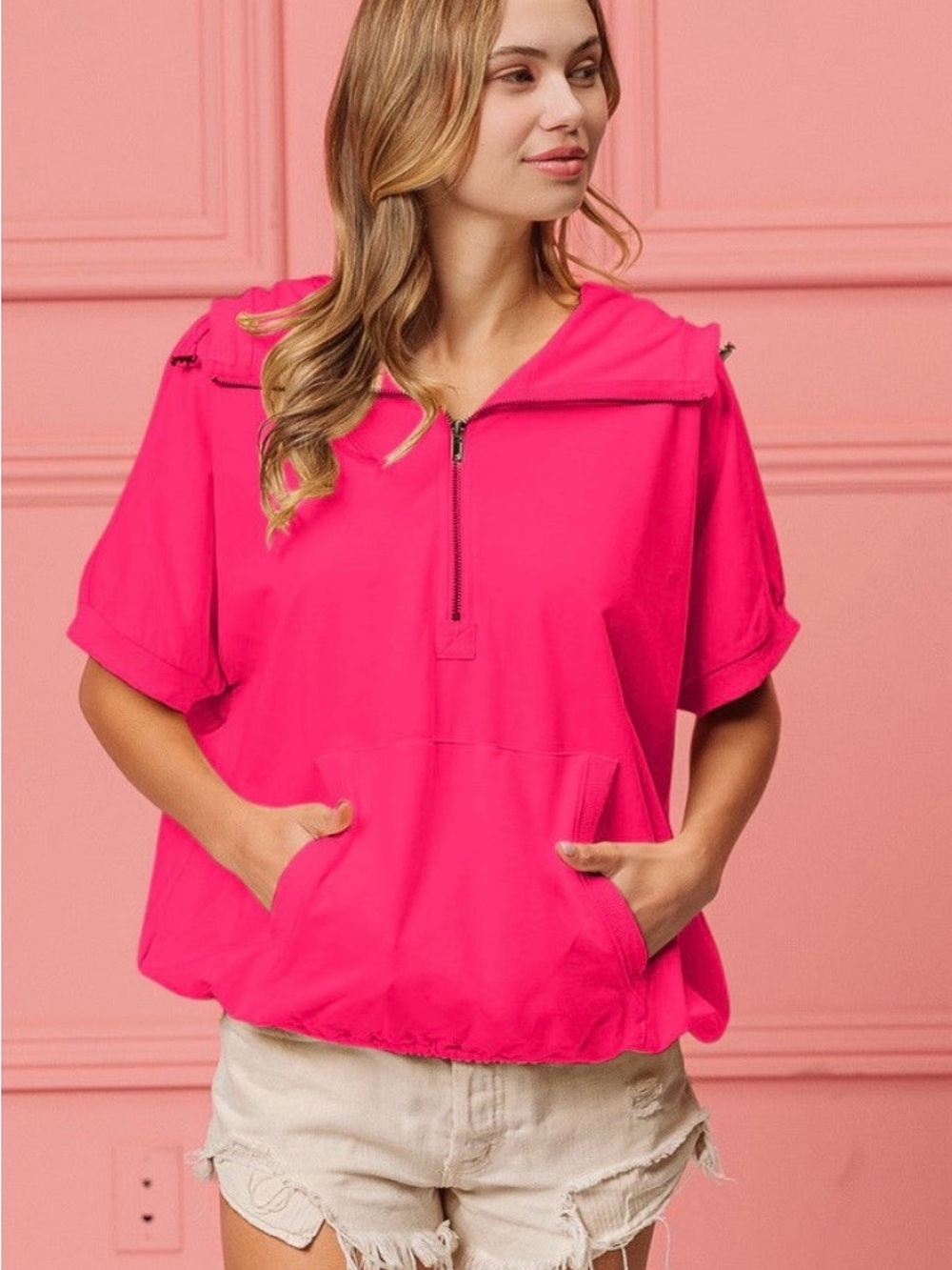 Bibi Fuschia Hooded Short-Sleeve French Terry Pullover XL